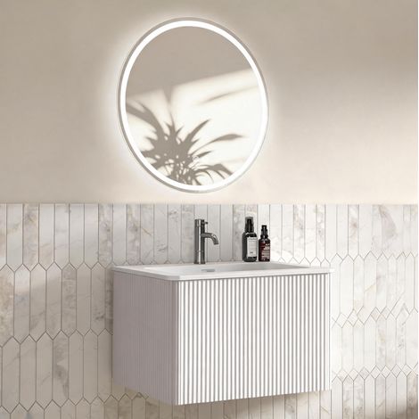 Mobile bagno sospeso con lavabo e specchio LED rotondo 60 cm bianco OKMYHOME (1/5)