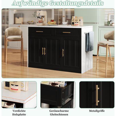 Îlot de cuisine 120x60x91cm avec prises électriques, ports USB, câble 1,5m, étagères ajustables, poignées métalliques, porte-serviettes, espace bar pour appartement et cuisine