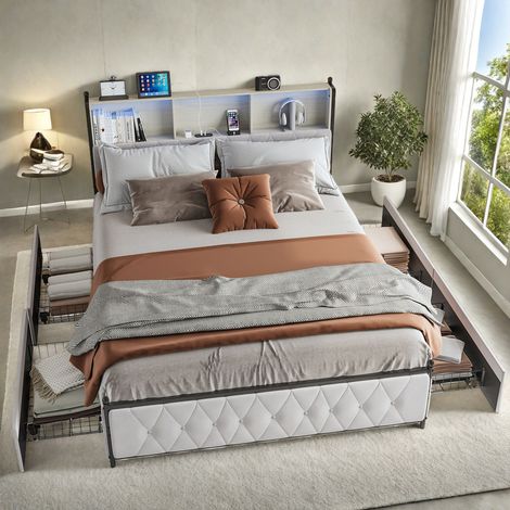 lit double 180 x 200, lit adulte 180 x 200 avec 4 tiroirs, table de chevet avec étui souple et bande lumineuse LED, interface USB et de type C, velours, beige (1/5)