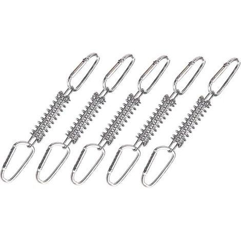 Juego muelles tensión 10 cm: 5 muelles + 5 ganchos lonas tiendas campaña resistentes viento pantallas jardín, camping fijación rápida (plateado) (1/5)