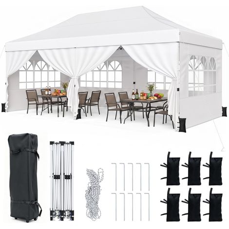 COSTWAY Gazebo da Giardino Esterno 3 x 6 m, Gazebo da Esterno Pieghevole con 6 Pareti Rimovibili e Altezza Regolabile, Tenda Pop-up Impermeabile con Borsa con Ruote, per Campeggio e Picnic (Bianco) (1/5)