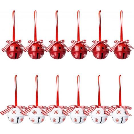 Set di 12 campanelle natalizie, decorazioni per albero di Natale, motivo a fiocco di neve, pendenti a forma di campanella rossi e bianchi (1/4)
