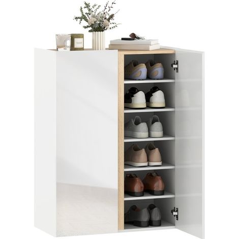 Armoire à chaussures blanche en bois, 6 étages sans poignées, fermeture douce. Capacité 18 paires, parfait pour l'entrée (1/5)