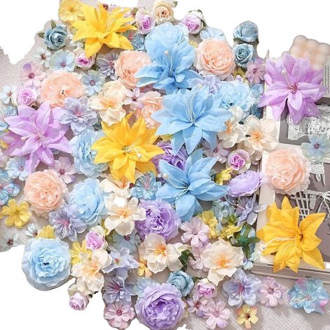 Rose artificiali, in seta, decorazione realistica, giallo, blu, viola, 20 pezzi (1/2)