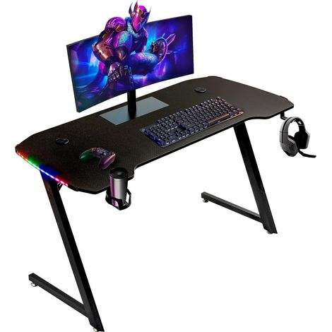 Baroni Home Scrivania Gaming per Computer Ergonomica con Supporto e Gancio Cuffie e Porta Bicchiere, Tavolo da Gioco in MDF e Acciaio, con Luci LED Multicolore,140x60 cm (1/5)