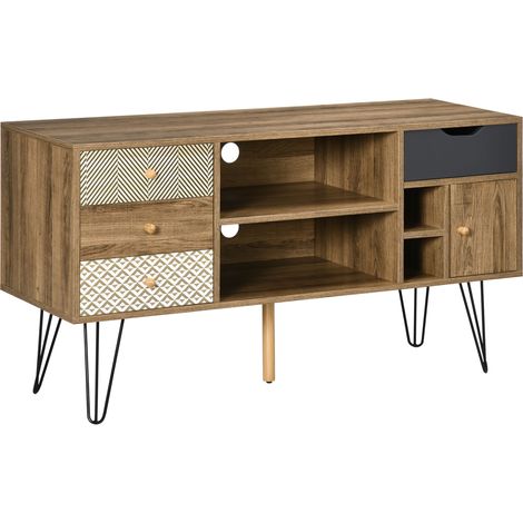 Mueble de TV estilo bohemio con 4 cajones, estantes y patas metálicas. Mesa para televisores de hasta 50 pulgadas. 120 x 39 x 64 cm. Marrón. (1/5)