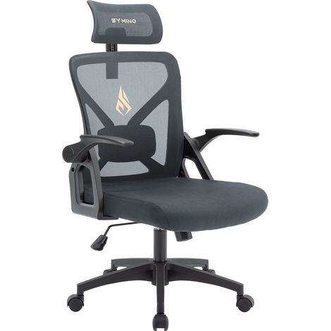 Symino Chaise de Bureau Ergonomique avec appuie-tête réglable, accoudoirs, Support Lombaire, Fonction basculante, Chaise en Maille, protectrice du Dos, 150 kg, Noir