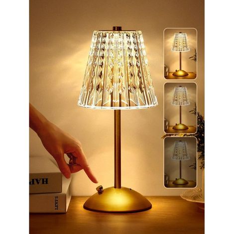 Lampe de chevet tactile en cristal – 3 couleurs dimmables – Rechargeable sans fil – Éclairage confortable pour chambre et salon (1/5)