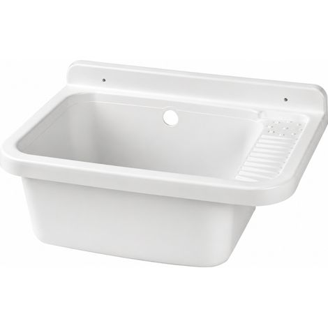 Schläfer 9610101- Pilozzo a Parete in Resina Bianco 50x35x24 cm con sifone di Scarico e Piletta, Lavatoio Lavapanni per Interno ed Esterno, Lavello Resistente agli acidi di uso comune (1/5)