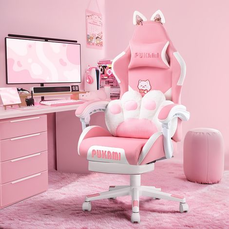Chaise Gaming avec Oreilles de Chat et Coussin Coussin de Patte de Chat Chaise d'Ordinateur Mignonne pour Fille avec Repose-Pieds,Revêtement en Similicuir Synthétique, Cadre en Métal,