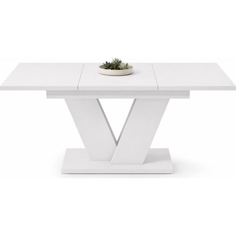 Table à manger extensible 120 à 160 cm, 4 à 6 places puis 6 à 8 en version allongée, plateau blanc MDF, pieds métal en V, 80 cm de large – CHICFURN (1/5)
