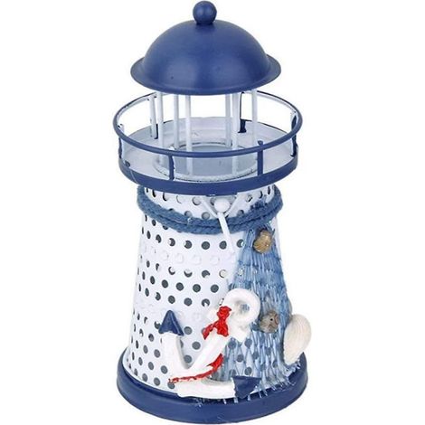 Dekorativer Mini-Leuchtturm von Nautica im mediterranen Stil, handgefertigtes Modell in Metalloptik, handgefertigter Teelichthalter