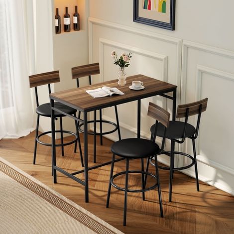 Set bar tavolo alto con 4 sgabelli in legno marrone, 4 posti, salvaspazio, stile industriale (1/5)