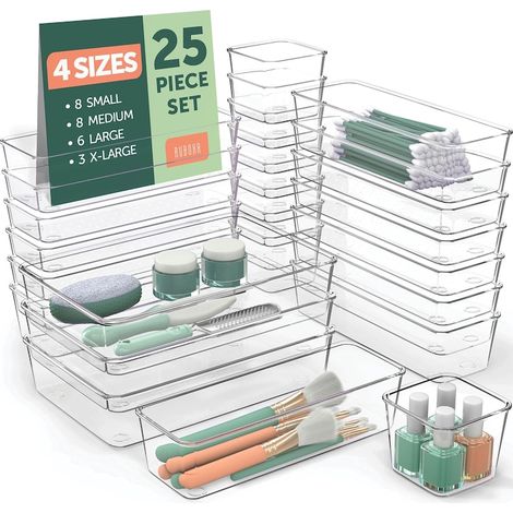 Set di 25 organizer per cassetti, 4 diverse misure per riporre cosmetici, gioielli, utensili da cucina o da ufficio, con basi antiscivolo e diverse configurazioni, trasparenti. (1/5)