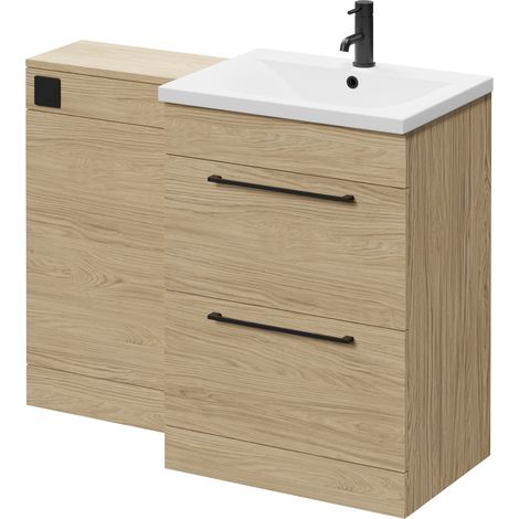 Napoli 460 Light Oak 1100mm 2 Drawer Vanity Unit Toilet Suite with Glide Basin - 1100mm - Matt Black 320mm HandleWithout Kingston Toilet Pan