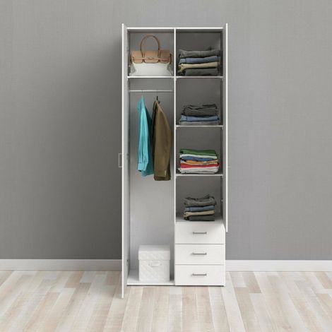Dmora Armoire à deux portes et trois tiroirs, couleur blanche, Dimensions 77 x 200 x 49,5 cm (1/5)