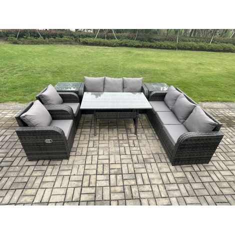 Fimous Outdoor Garden Patio Furniture Wicker Rattan Oblong Rectangular Dining Table and Lounge Sofa set with 2 Side Table Dark Grey Mixed (1/5)