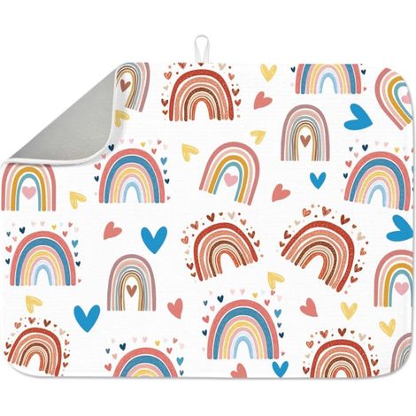 Tapis de séchage à vaisselle en forme de cœur arc-en-ciel 60 x 45 cm en microfibre polyester coton absorbant résistant à la chaleur accessoire pour comptoir de cuisine (1/5)