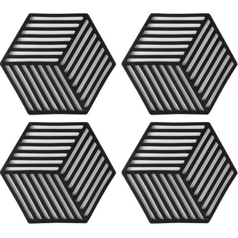Lot de 4 Dessous de plats Kitchen Pot Coaster Tapis de protection en silicone Noir, Hexagonal, 124x145mm (1/5)
