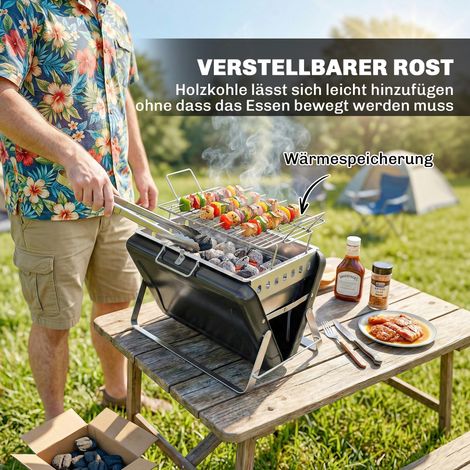 Barbecue charbon de bois inox avec grille, fumoir BBQ, poignées, pieds pliables pour camping 40x28x25,5cm Noir (1/5)