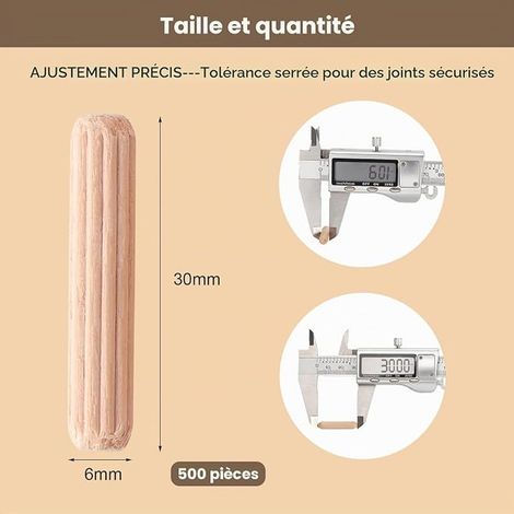 Fluted Wood Dowels, 6 x 30 mm, Beech / Eucalyptus Dowels for Furniture, Wood Assembly, Repair and Joinery (1/4)