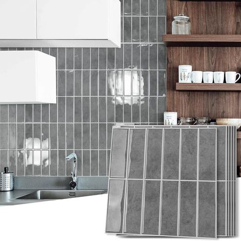 Lot de 10 feuilles de carreaux de métro autocollants pour cuisine, salle de bain, salon - Rectangulaire - Gris - 30 x 30 cm (1/5)