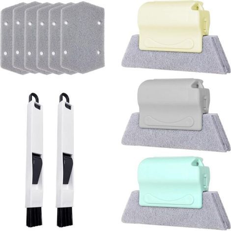 Lot de 3 brosses nettoyage fentes fenêtres (gris, vert, mètre) + 6 cotons + 2 petites brosses noires + brosse rail porte (1/4)