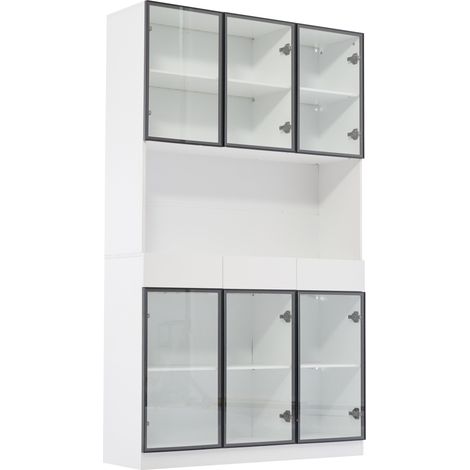 Vitrina alta de vidrio blanca 200 cm con LED y puertas negras (1/5)