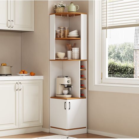 40×40×182cm Eck-Weinschrank mit Weinglasregal,hohes Eck-Aufbewahrungssystem für die Küche,mit Weinregal und Schranktüren,freistehende,platzsparende Bartheke,geeignet für Esszimmer,Küche und Wohnzimmer (1/5)