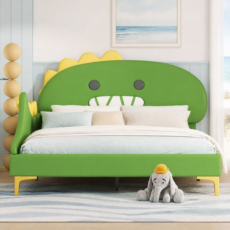 MEUBLIV Lit enfant 140x200 cm vert – tête de lit dinosaure rembourrée, sans matelas (1/5)