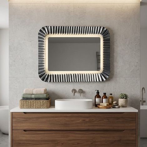 Specchio con cornice in vetrofuso argento, luce led, reversibile 94x68
