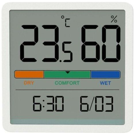 Hygromètre et thermomètre d'intérieur, thermomètre numérique de bureau avec moniteur de température et d'humidité. Jauge d'humidité précise avec horloge. Design blanc. (1/4)