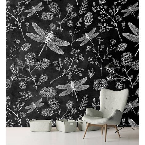 Papier peint panoramique sur fond noir pour salle de bain | Tapisserie panoramique à motifs fleurs et libellules | Papier peint panoramique vintage - 270 x 400 cm (4 pièces) (1/5)