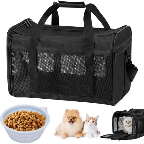 Boîte de transport pliable pour chat : sac respirant pour chat avec gamelle d'eau portable, boîte de transport pliable pour chien et chat avec bandoulière, 42 x 27 x 28 cm (1/5)