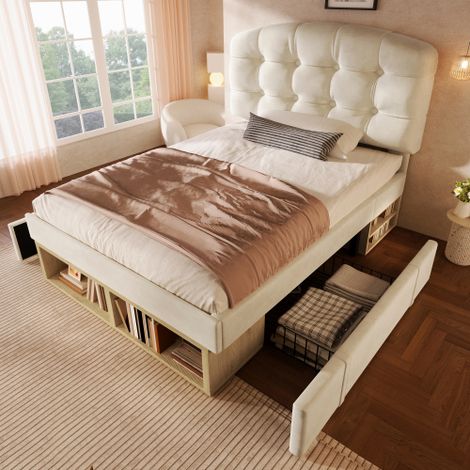 Lit simple rembourré 90x200cm - tête de lit réglable - avec tiroirs et un espace de rangement - velours - Beige (sans matelas) (1/5)