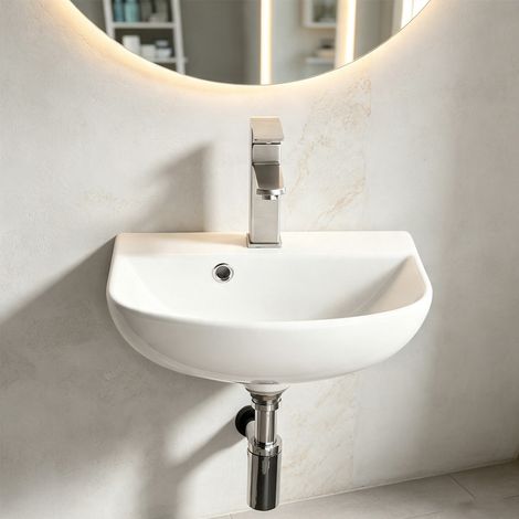 T&K Bathroom Basin Wall Hung Cloakroom Sink Modern Basin Curved White (1/5)