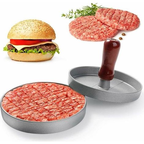 Presse à hamburger, presse à hamburger de cuisine à viande hachée, manche en bois, presse à hamburger antiadhésive en aluminium pour steak, boulettes de viande à hamburger (12 cm de diamètre) (1/5)