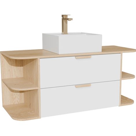 Mobile per lavabo sospeso con nicchie, lavabo da appoggio quadrato e rubinetto Bianco e naturale chiaro L120 cm - AVORELI (1/5)
