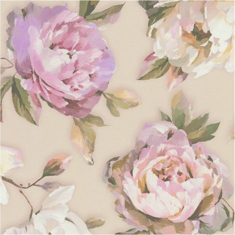 Flowers wallcovering wall Profhome 396081 hot embossed non-woven wallpaper slightly textured with floral ornaments matt violet fuchsia green beige 5.33 m2 (1/5)