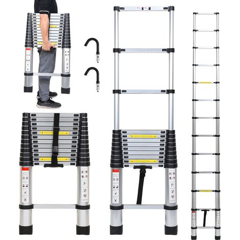 TolleTour Escalera telescópica plateada de 3,8 m con ganchos extraíbles, multifuncional, 150 kg