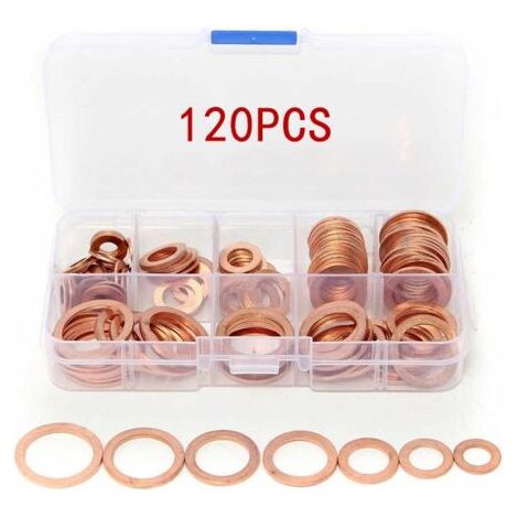 120pcs Rondelle Cuivre Joint Vidange Assortiment Kit, Cuivre Rondelles Metal avec Boîte, Rondelles pour Gonds de Porte, Joint Rondelle Plate, pour L'étanchéité des Vis Bagues D'étanchéité(M6-M20) (1/5)