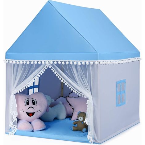 Tenda da Gioco Casetta per Bambini, Castello Giocattolo Tenda, Legno Cotone, 120x105x140 cm (Azzurro) (1/5)