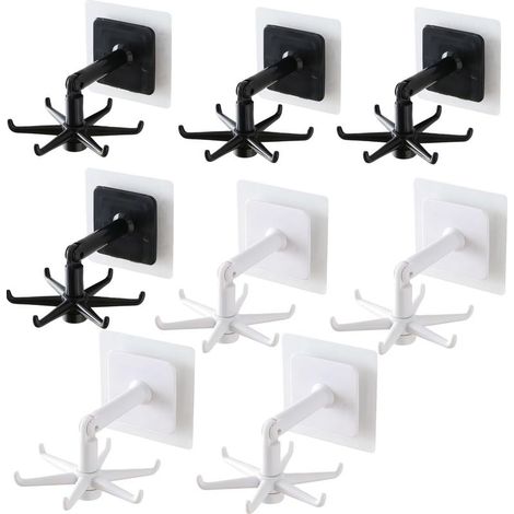 Crochets Rotatifs et Pliables à 360°,8 Pièces Support Mural Auto-Adhésif Multi-Usage,Crochet Adhésif Puissant pour Porte Ustensiles,Armoire et Étages