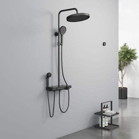 EMKE® Duschsystem mit Thermostat Schwarz 40 cm LED Anzeige Glasablage Duschsystem Elternteil und Kind Handbrause+Übergröße Regendusche +Auslauf Duschsystem Regendusche (1/5)