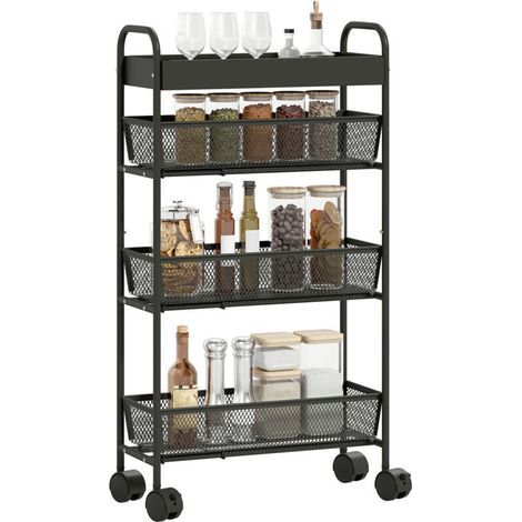 4-tier storage trolley, rolling cart, 3 sliding baskets, top basket 19 x 43.2 x 80 cm black (1/5)