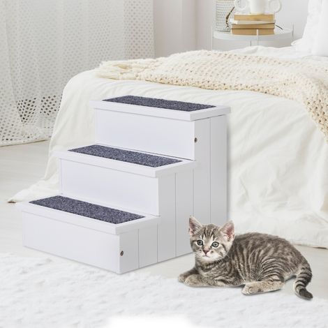Escalier animal 3 niveaux, rampe d'accès pour chat, marche avec tapis antidérapant, rangement canapé-lit, bois sapin blanc 40,5 x 44,5 x 38 cm