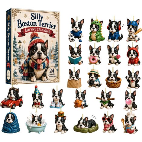 Boston Terrier Adventskalender 2026 – 24-teilig – schwarz-weiß-mehrfarbig – Acryl – 5 cm – Boston Terrier Hängeanhänger – Weihnachtskalender – Weihnachtsbaumschmuck – geeignet für Weihnachten und als (1/5)