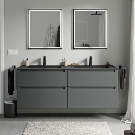 BERNSTEIN - Meuble double vasque suspendu salle de bain MDF Anthracite mat, lavabos fonte minérale Noir mat + trous robinet, tiroirs passe-main pivotants - 160x46x62cm - VIREO Anthracite mat, Noir mat