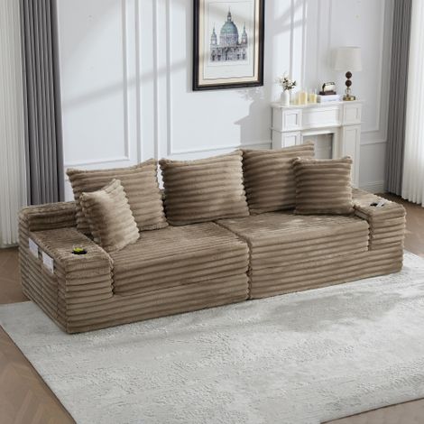 Sofá cama de terciopelo acanalado (pana) caqui con respaldo alto, bolsillos laterales y portavasos, 273x98x87 cm (1/5)