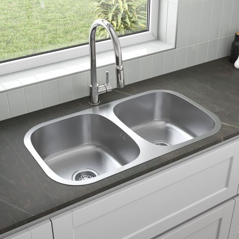 ArtiKitch Inset Kitchen Sink 2 Double Bowl Stainless Steel Strainer Overflow & Waste 785mm (1/3)